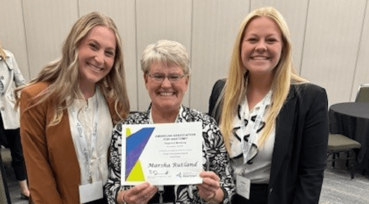 Doctor of Physical Therapy (DPT) students Callen Weaver ’25 from Peachtree Corners, Georgia, and Caitlyn Wilson ’25 from San Antonio, Texas, pose for a photo with Dr. Marsha Rutland.