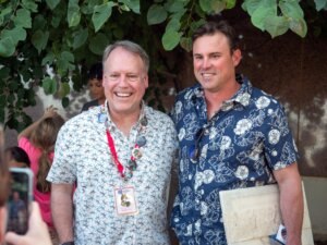 Steven Neves (L) poses for a photo with featured CALF artist Brian Lies.